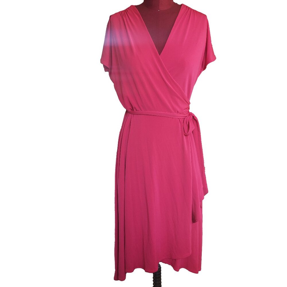 Vicky Tiel Wrap Dress Hot Pink Jersey Short Sleeve V Neck Medium